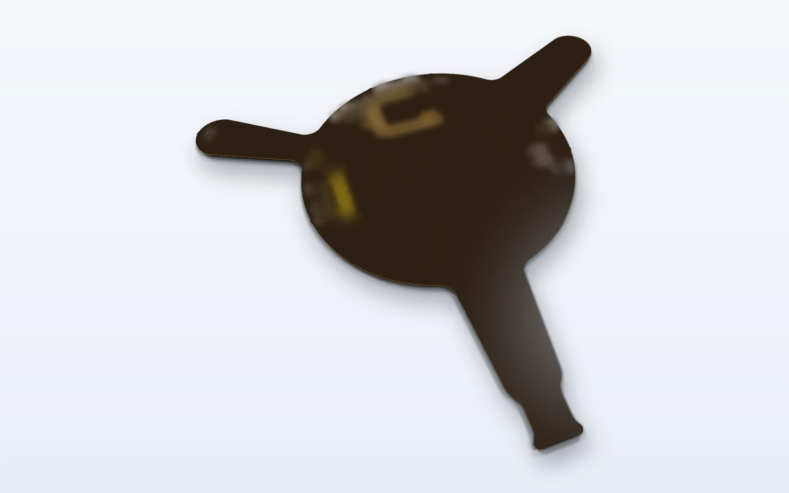 A 3D view of the production flex circuit rendered in KiCad from the current board files: the round body and three legs in the flex material. The parts on it are blurred.
