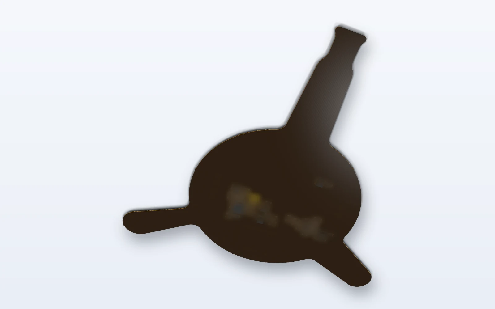 A 3D view of the skin side of the production flex, rendered in KiCad from the current board files. The parts on it are blurred.