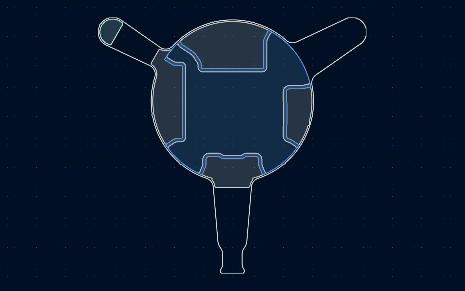 KiCad's plot of the production flex's outline and its stiffener plan on the PCB editor's dark background: shaded islands inside the round body, with the legs and the gaps between islands left flexible.